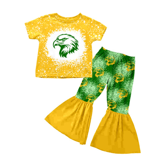 (Custom Design MOQ 5) Yellow Football Team's Bell Pants Girls Clothes Set