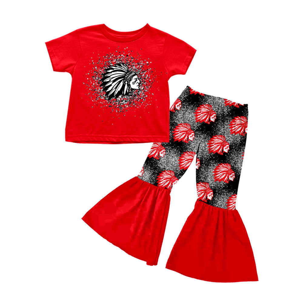 (Custom Design MOQ 5) Red Football Team's Bell Pants Girls Clothes Set