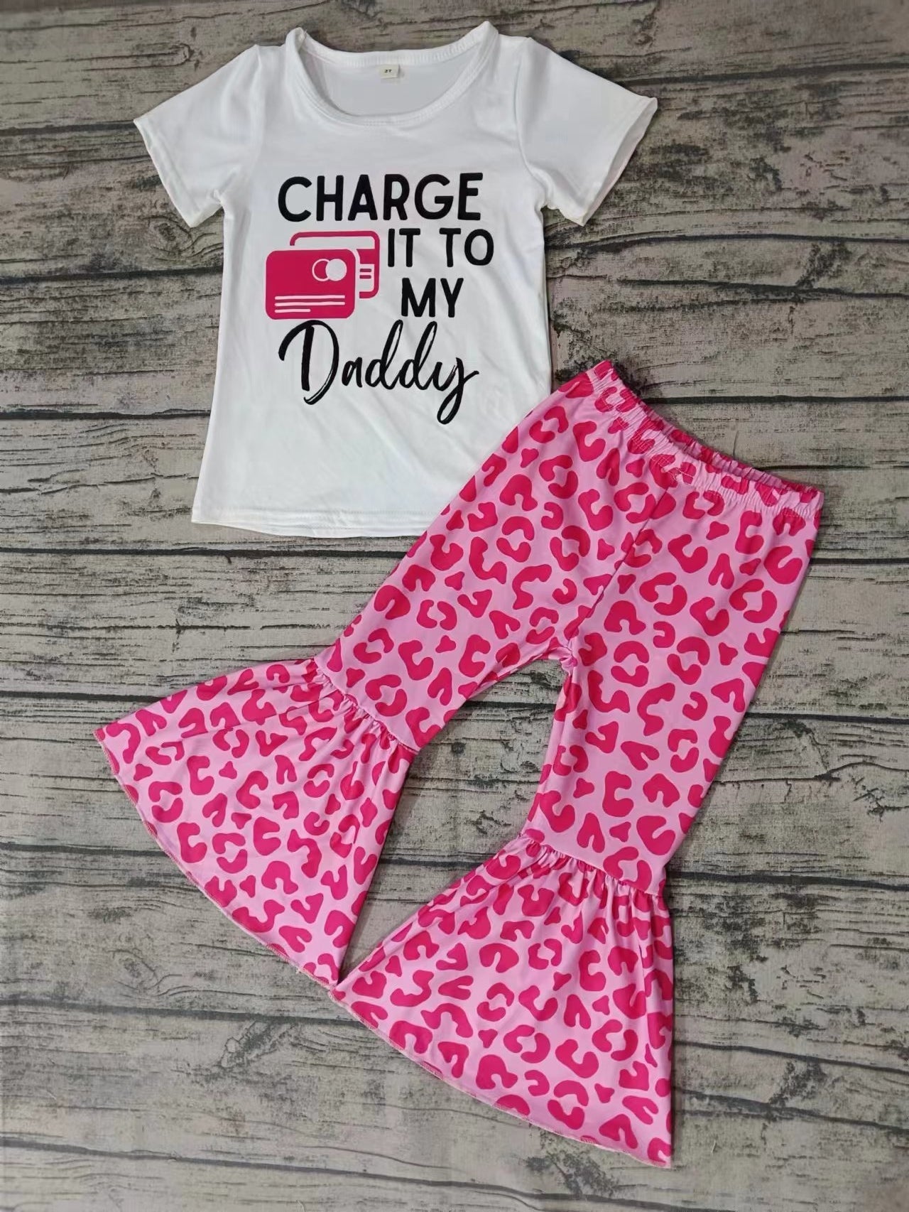 (Custom Design MOQ 5)  Charge it to my Daddy Leopard Bell Pants Girls Clothes Set