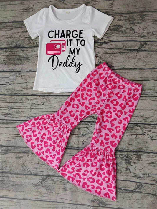 (Custom Design MOQ 5)  Charge it to my Daddy Leopard Bell Pants Girls Clothes Set