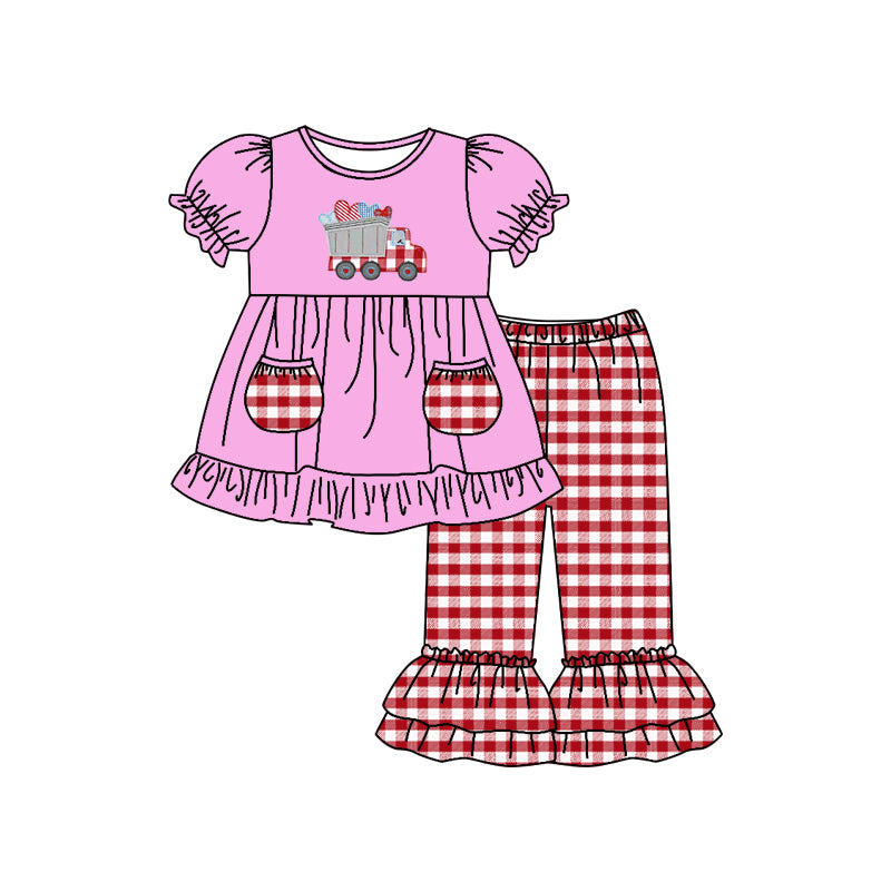 (Custom Design MOQ 5) Pink Construction Heart Print Red Plaid Pants Girls Pockets Valentine's Day Clothes Set