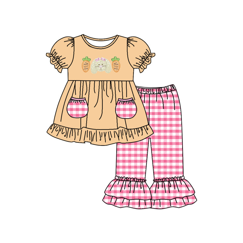 (Custom Design MOQ 5) Bunny Carrot Top Plaid Pants Girls Pockets Easter Clothes Set