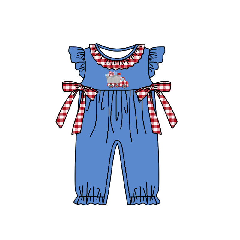 (Custom Design MOQ 5) Blue Construction Heart Print Baby Girls Valentine's Day Romper