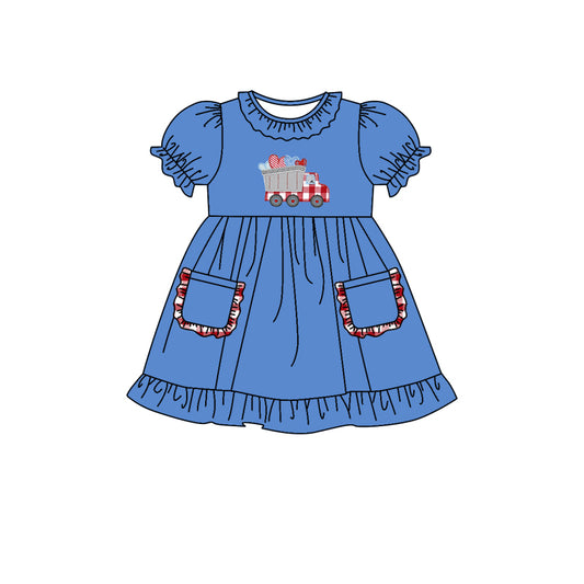 (Custom Design MOQ 5)  Blue Construction Heart Print Girls Pockets Valentine's Day Knee Length Dress