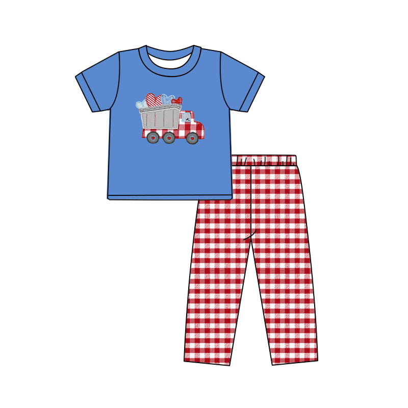 (Custom Design MOQ 5) Blue Construction Heart Print Red Plaid Pants Boys Valentine's Day Clothes Set