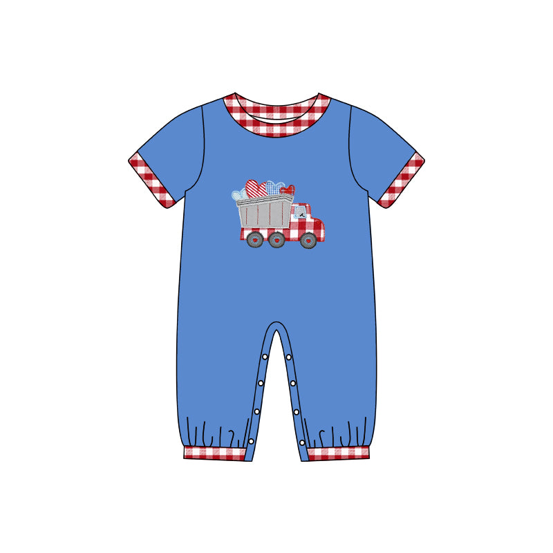 (Custom Design MOQ 5) Blue Construction Heart Print Baby Boys Valentine's Day Romper