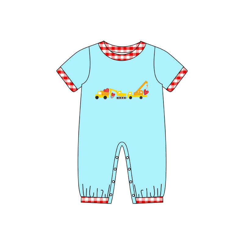 (Custom Design MOQ 5) Blue Construction Heart Print Baby Boys Valentine's Day Romper