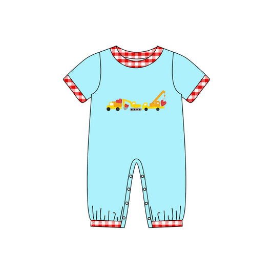 (Custom Design MOQ 5) Blue Construction Heart Print Baby Boys Valentine's Day Romper