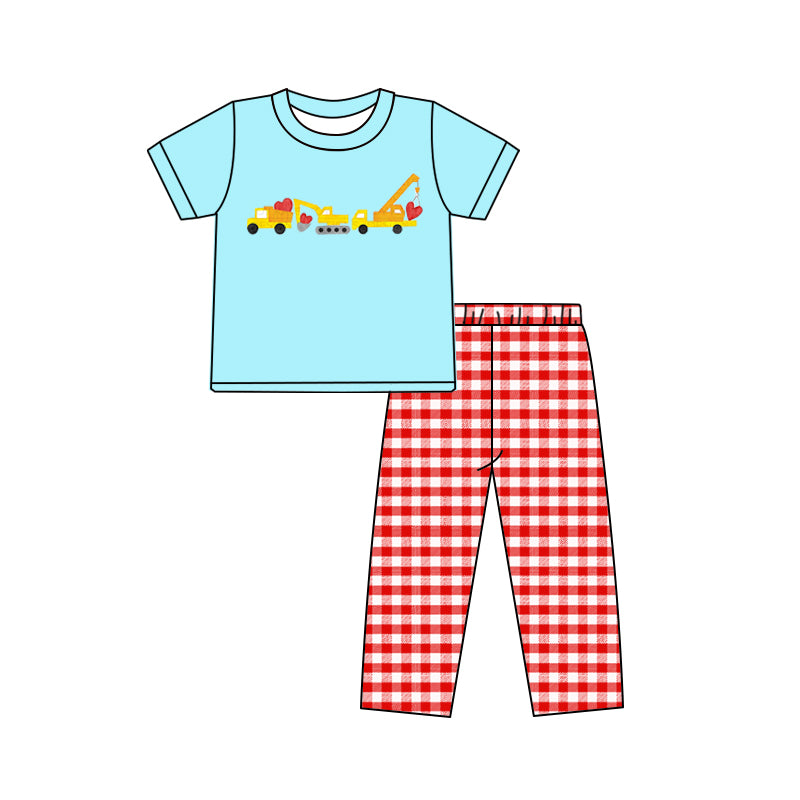 (Custom Design MOQ 5) Blue Construction Heart Print Red Plaid Pants Boys Valentine's Day Clothes Set