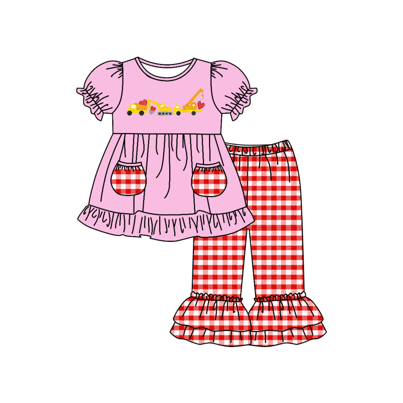 (Custom Design MOQ 5) Pink Construction Heart Print Red Plaid Pants Girls Pockets Valentine's Day Clothes Set