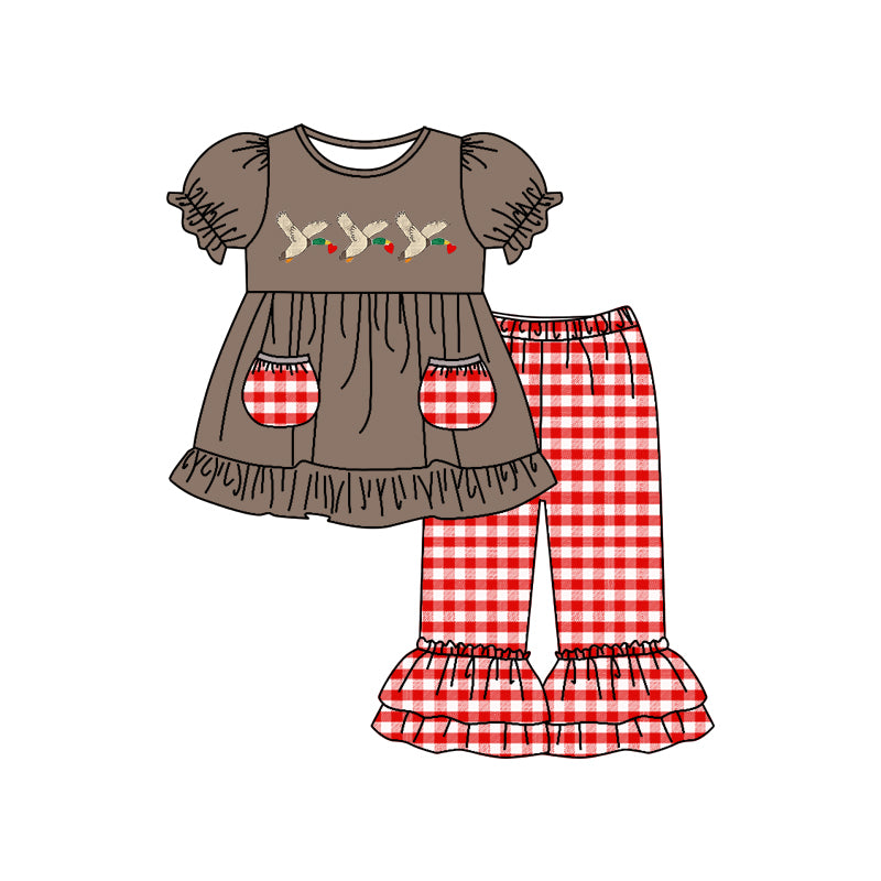 (Custom Design MOQ 5) Brown Duck Heart Print Red Plaid Pants Girls Pockets Valentine's Day Clothes Set