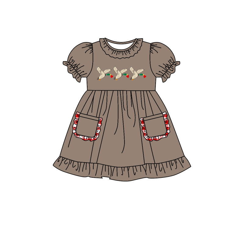 (Custom Design MOQ 5)  Brown Duck Heart Print Girls Pockets Valentine's Day Knee Length Dress