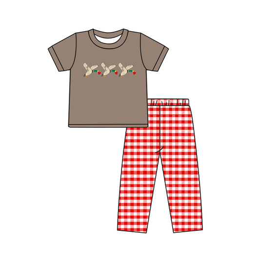 (Custom Design MOQ 5) Brown Duck Heart Print Red Plaid Pants Boys Valentine's Day Clothes Set