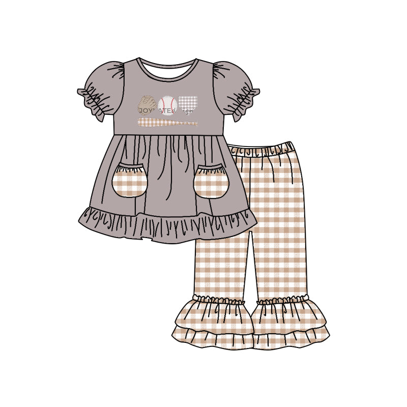 (Custom Design MOQ 5) Grey Baseball Top Plaid Pants Girls Pockets Clothes Set