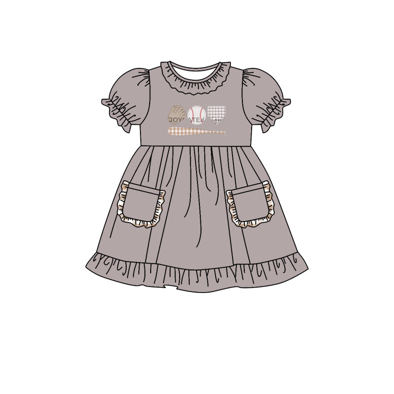 (Custom Design MOQ 5)  Grey Baseball Print Girls Pockets Knee Length Dress