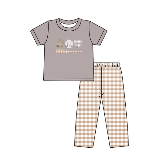 (Custom Design MOQ 5) Grey Baseball Top Plaid Pants Boys Clothes Set