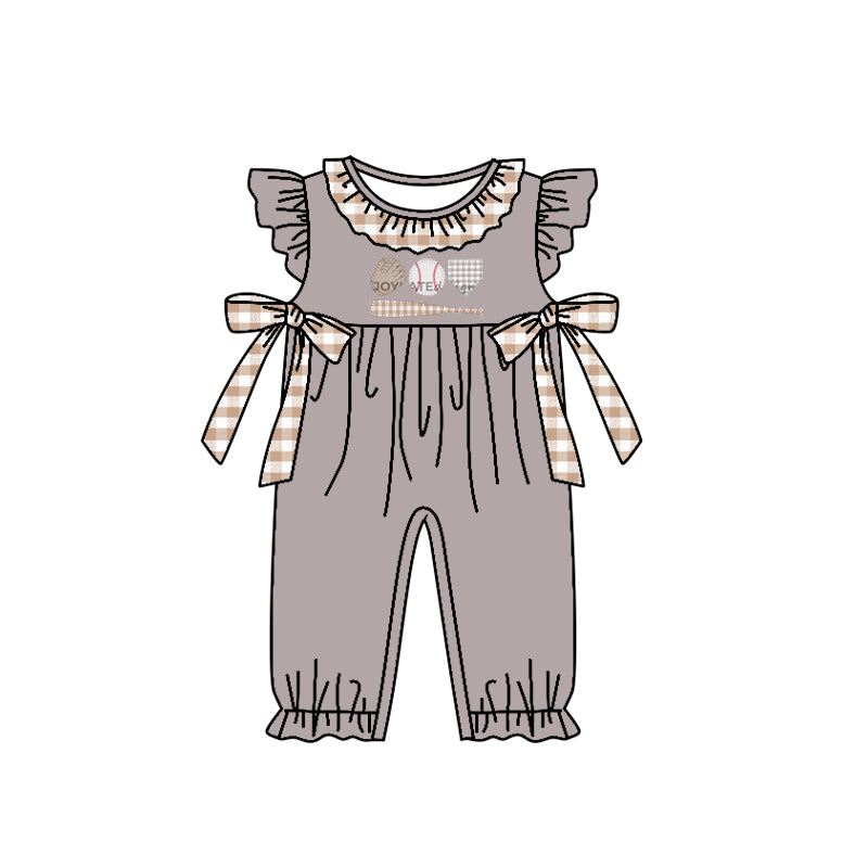 (Custom Design MOQ 5) Grey Baseball Print Baby Girls Romper