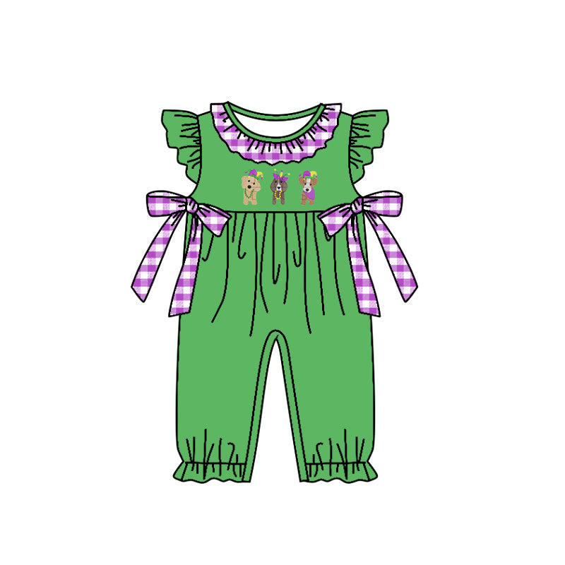 (Custom Design MOQ 5) 3 Dog Print Baby Girls Mardi Gras Romper