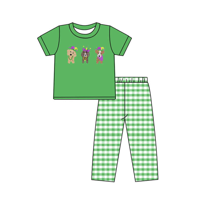 (Custom Design MOQ 5) 3 Dog Print Top Plaid Pants Boys Mardi Gras Clothes Set