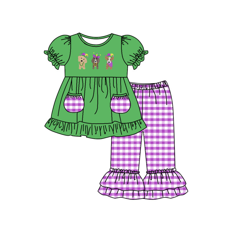 (Custom Design MOQ 5) 3 Dog Print Top Plaid Pants Girls Pockets Mardi Gras Clothes Set