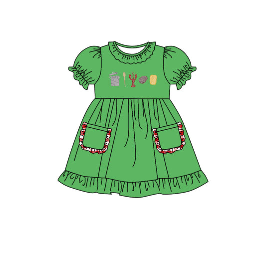 (Custom Design MOQ 5)  Green Crawfish Print Girls Pockets Knee Length Dress