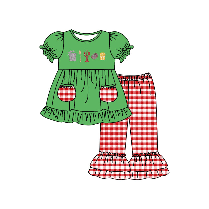 (Custom Design MOQ 5) Green Crawfish Top Plaid Pants Girls Pockets Clothes Set