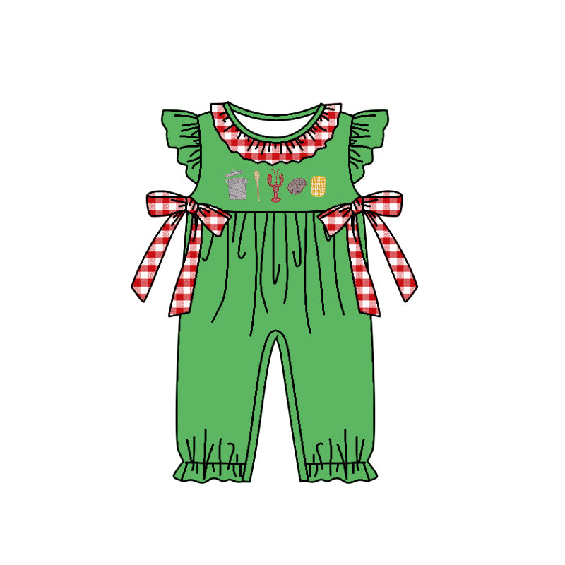 (Custom Design MOQ 5) Green Crawfish Print Baby Girls Romper