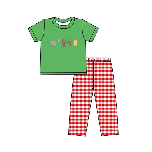 (Custom Design MOQ 5) Green Crawfish Top Plaid Pants Boys Clothes Set