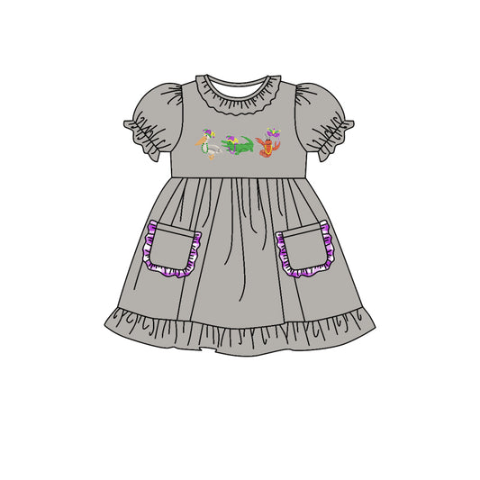 (Custom Design MOQ 5)  Grey Crawfish Print Girls Pockets Mardi Gras Knee Length Dress