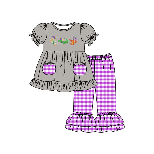 (Custom Design MOQ 5) Grey Crawfish Top Plaid Pants Girls Pockets Mardi Gras Clothes Set