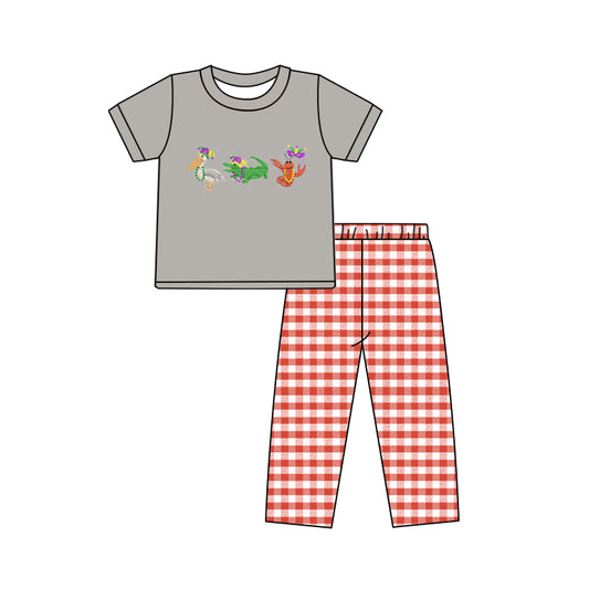 (Custom Design MOQ 5) Grey Crawfish Top Plaid Pants Boys Mardi Gras Clothes Set