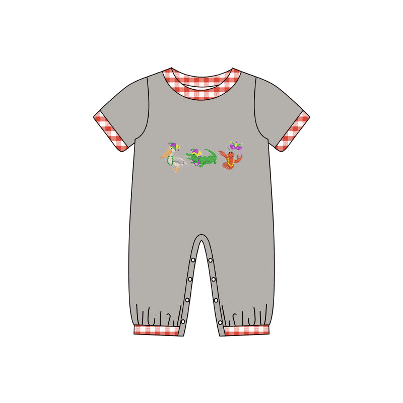 (Custom Design MOQ 5) Grey Crawfish Print Baby Boys Mardi Gras Romper