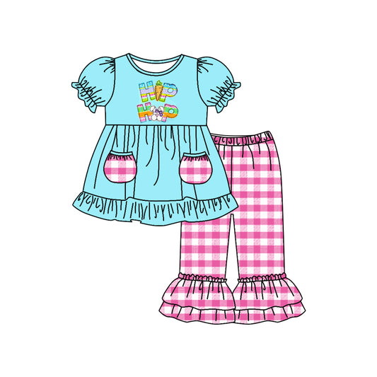 (Custom Design MOQ 5) Bunny Hop Hop Print Top Plaid Pants Girls Pockets Easter Clothes Set