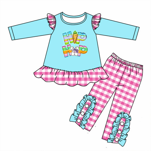 (Custom Design MOQ 5) Bunny Hop Hop Print Top Plaid Legging Pants Girls Easter Clothes Set