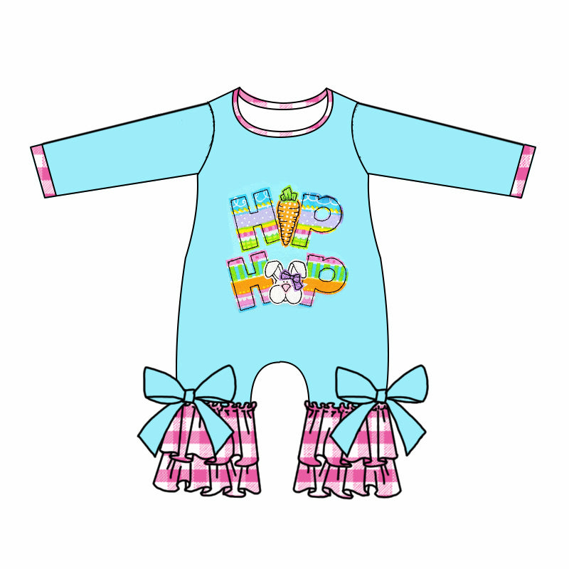 (Custom Design MOQ 5) Bunny Hop Hop Print Baby Girls Easter Romper