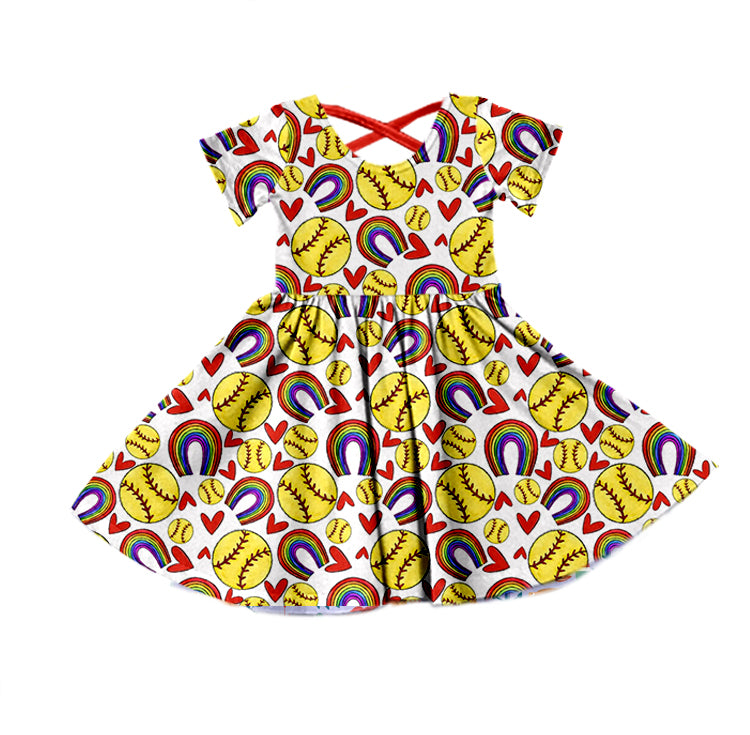 (Custom Design MOQ 5)  Softball Print Girls Knee Length Dress