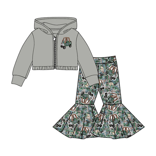 (Custom Design MOQ 5) Camo Truck Print Hoodie Jacket Top Bell Pants Girls Clothes Set