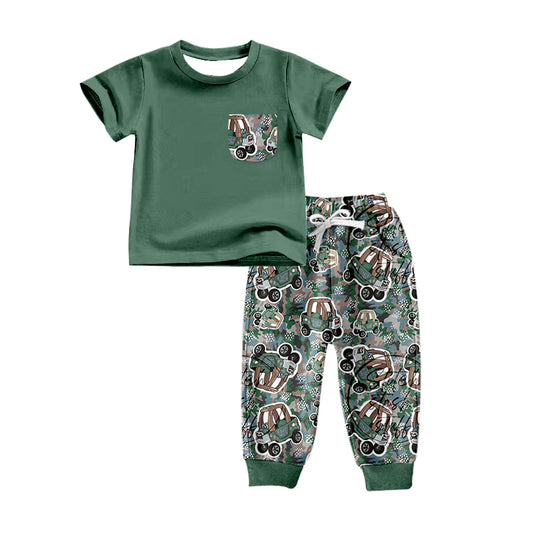 (Custom Design MOQ 5)  Camo Truck Print Boys Pocket Top Clothes Set