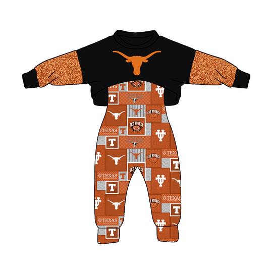 (Custom Design MOQ 5) Brown Football Team's Girls Jumpsuits Clothes Set