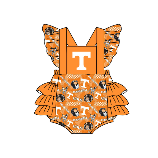 (Custom Design MOQ 5) Orange ruffles football team's baby girls bubble romper