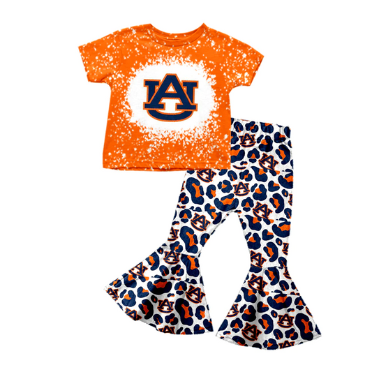 (Custom Design MOQ 5) Orange Top Leopard Bell Pants Football Team's Girls Clothes Set