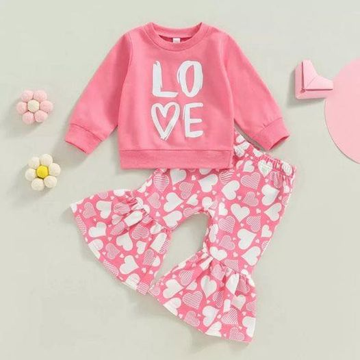 (Custom Design MOQ 5) Pink LOVE Heart Print Bell Pants Girls Valentine's Day Clothes Set