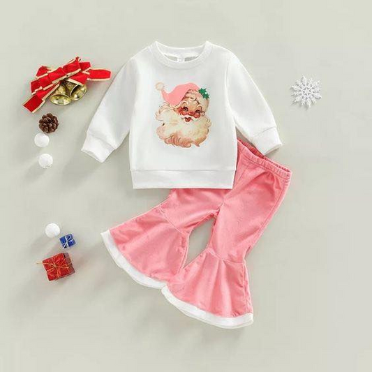 (Custom Design MOQ 5) Pink Santa Print Velvet Bell Pants Girls Christmas Clothes Set