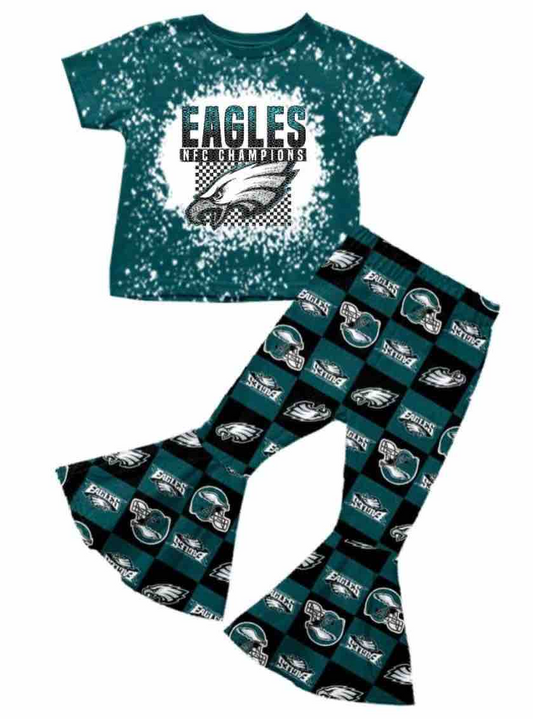 (Custom Design MOQ 5) Dark Green Football Team's Bell Pants Girls Clothes Set