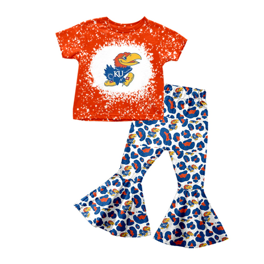 (Custom Design MOQ 5) Orange Football Team's Leopard Bell Pants Girls Clothes Set