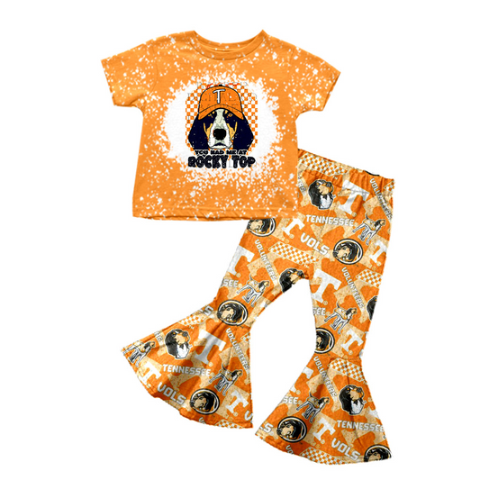 (Custom Design MOQ 5) Orange Football Team's Bell Pants Girls Clothes Set