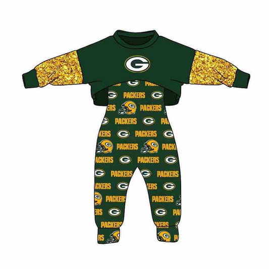 (Custom Design MOQ 5) Green Football Team's Girls Jumpsuits Clothes Set