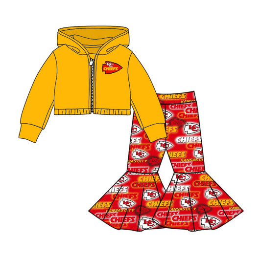 (Custom Design MOQ 5) Yellow red football team's bell pants hoodie jacket top girls clothes set