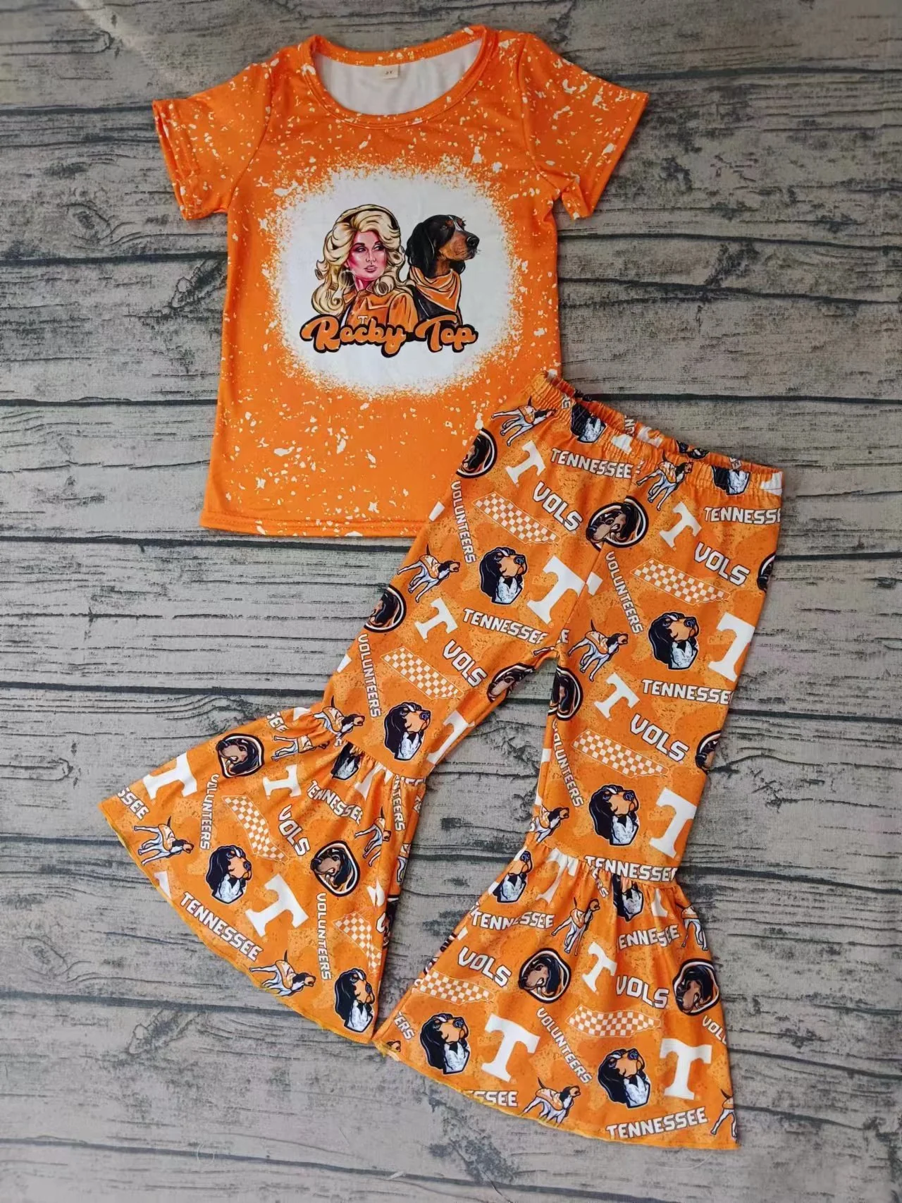 (Custom Design MOQ 5) Orange Singer Football Team's Bell Pants Girls Clothes Set