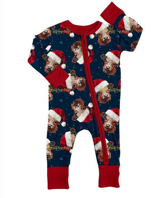 (Custom Design MOQ 5) Highland Cow Baby Girls Christmas Zip Romper